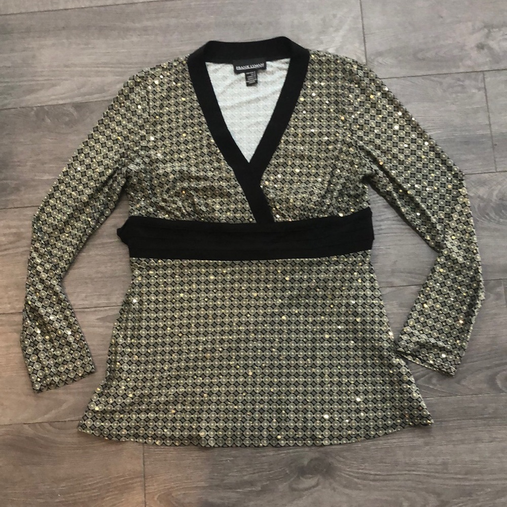 FRANK Lyman design top black,beige, gold dot pattern sleeve blouse size 12
